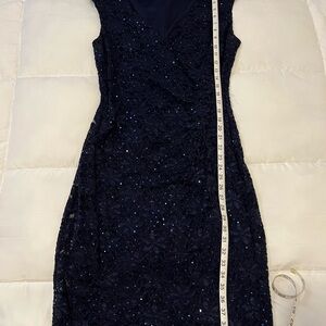 Women's Navy Sequin Lace Midi Dress - Elegant Evening Wear